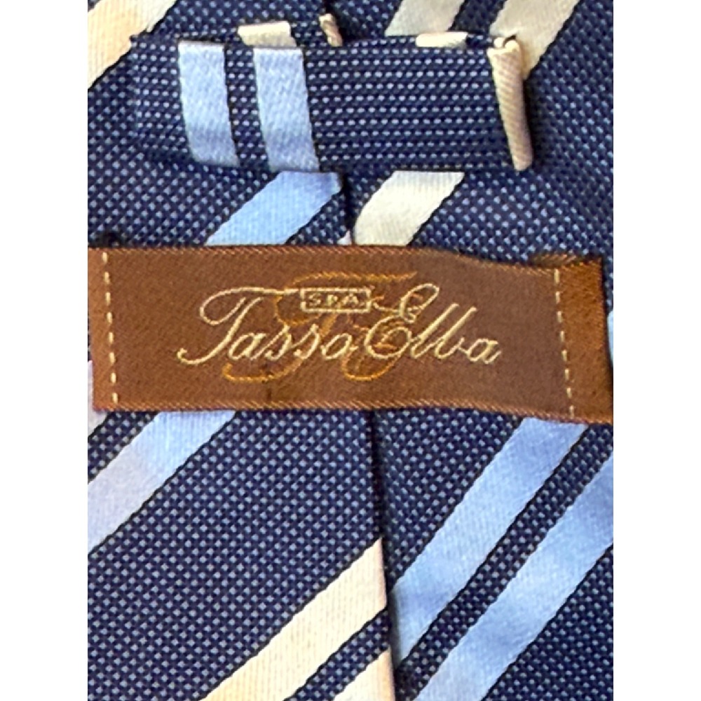 Tasso Elba Mens Navy Blue Light Blue White Striped 100% Silk Necktie Handmade - Picture 4 of 5